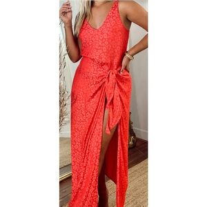 Show Me Your MuMu Coral Red Tie-Waist V-Neck Maxi Dress